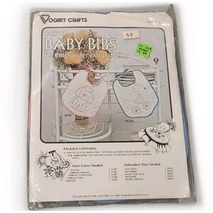 Vogart NEW Vintage Quilted 2 Baby Bibs RARE #8330 Painting Embroidery‎ Pink Blue